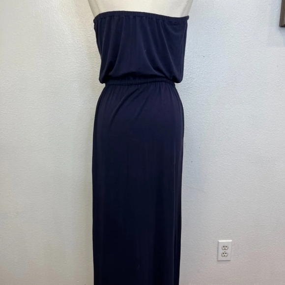 JCrew Women's Strapless Bouncy Flowy Drawstring Waist Pocket Maxi Dress NavyBlue - Picture 6 of 10